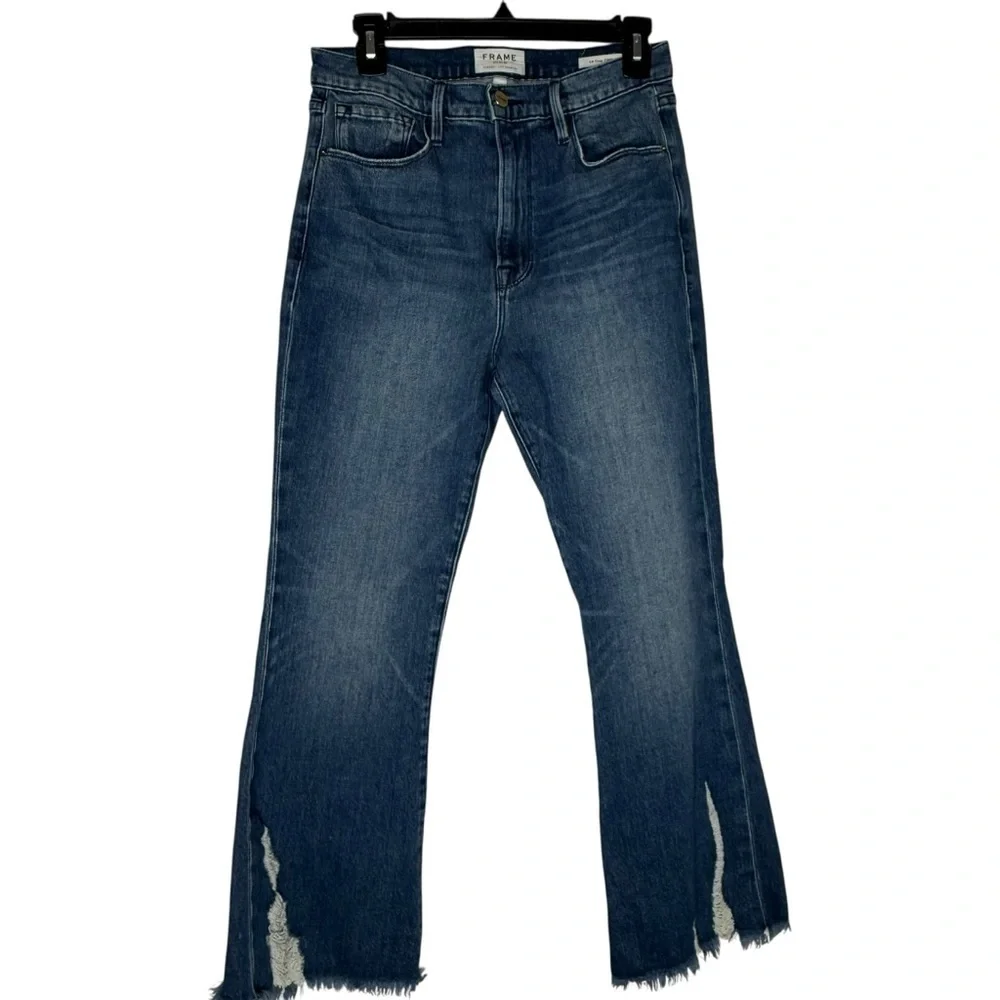 FRAME Le Crop Flare Distressed Jeans Clover Hill Raw Hem size 28 - Picture 2 of 6
